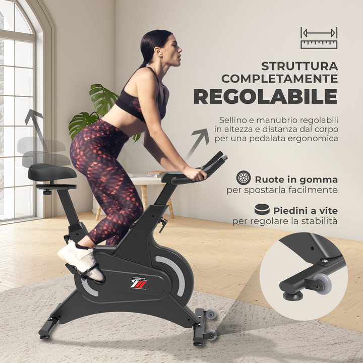 YM SPIN BIKE 2500 Spin Bike magnetica compatta e regolabile per l'allenamento in casa. Struttura completamente regolabile. Sellino e manubrio regolabili.