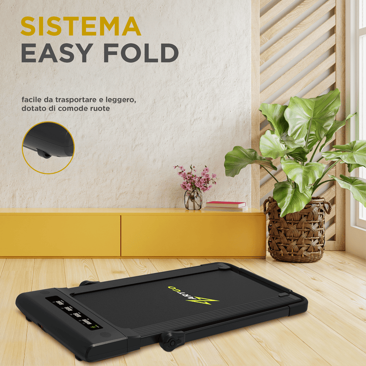 Tapis roulant elettrico 2in1 (tapis roulant e walking pad) con sistema easy fold . Facile da trasportare grazie alle ruote