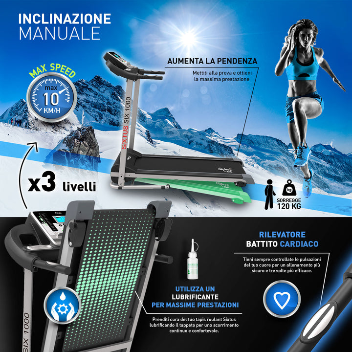Tapis roulant elettrico Sixtus SIX-1000 con inclinazione manuale su 3 livelli
