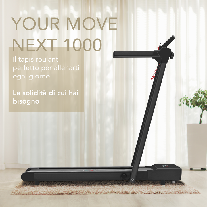 Tapis roulant elettrico Your Move YM NEXT 1000 NERO, compatto e salvaspazio, con App compatibili dedicate per allenamento online, velocità fino a 10 Km/h.