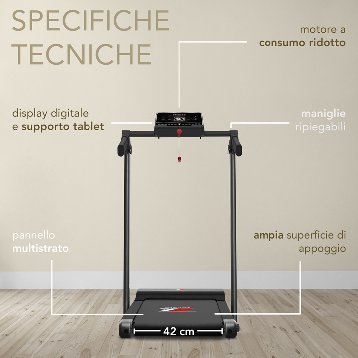 Tapis roulant elettrico Your Move YM NEXT 1000 NERO, compatto e salvaspazio, con App compatibili dedicate per allenamento online, velocità fino a 10 Km/h.