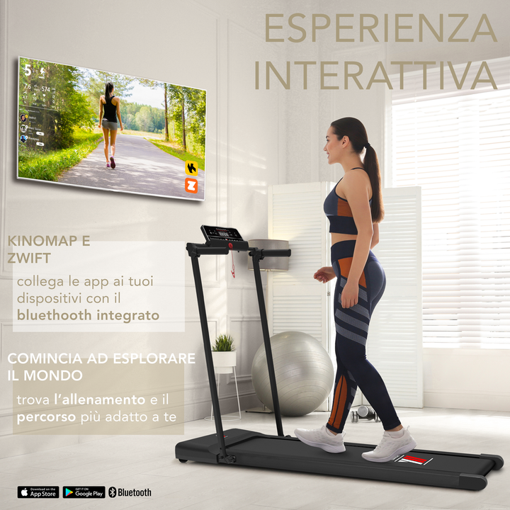 Tapis roulant elettrico Your Move YM NEXT 1000 NERO, compatto e salvaspazio, con App compatibili dedicate per allenamento online, velocità fino a 10 Km/h.