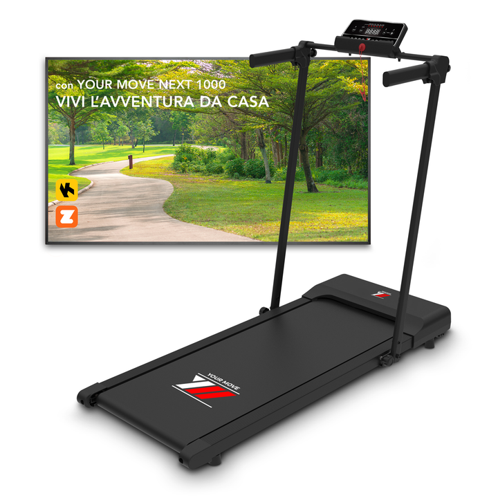 Tapis roulant elettrico Your Move YM NEXT 1000 NERO, compatto e salvaspazio, con App compatibili dedicate per allenamento online, velocità fino a 10 Km/h.