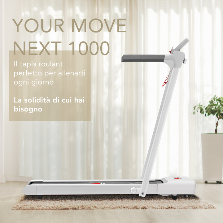 Tapis roulant elettrico Your Move YM NEXT 1000 BIANCO, Telaio Rinforzato, compatto e salvaspazio, si connette con Bluetooth alle APP compatibili dedicate per allenamento online, velocità fino a 10 Km/h. 