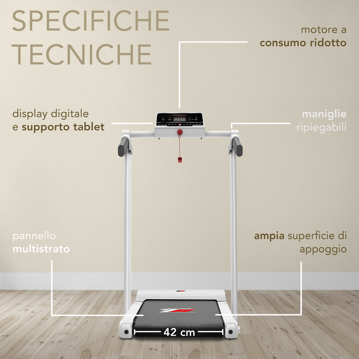 Tapis roulant elettrico Your Move YM NEXT 1000 BIANCO, Telaio Rinforzato, compatto e salvaspazio, si connette con Bluetooth alle APP compatibili dedicate per allenamento online, velocità fino a 10 Km/h. 