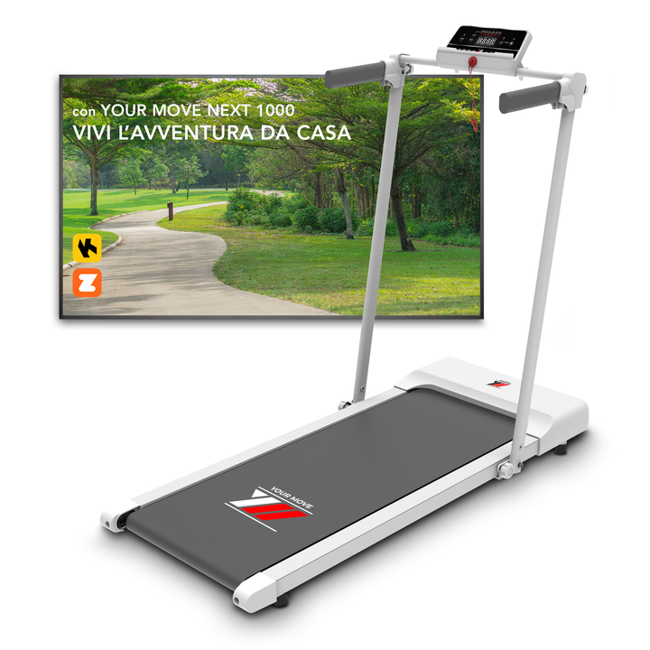 Tapis roulant elettrico Your Move YM NEXT 1000 BIANCO, Telaio Rinforzato, compatto e salvaspazio, si connette con Bluetooth alle APP compatibili dedicate per allenamento online, velocità fino a 10 Km/h. 