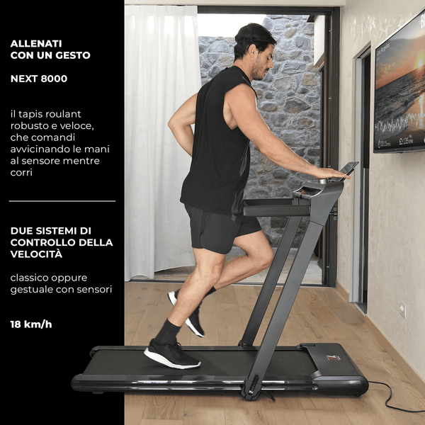 Tapis Roulant NEXT 8000 Touchscreen 18 km/h APP Bluetooth Controllo Gestuale, NERO