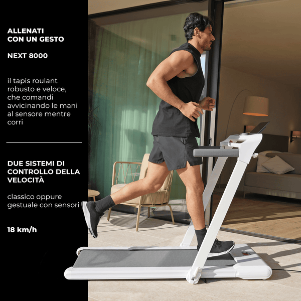 Tapis Roulant NEXT 8000 Elettrico Pieghevole, Touchscreen, 18 km/h con Gesture Control e APP Bluetooth,  BIANCO
