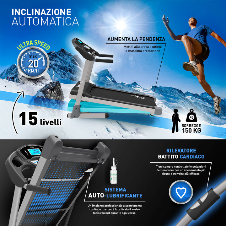 Tapis roulant elettrico Sixtus SIX 3000 - Inclinazione automatica su 15 livelli, velocità massima 20 km/h