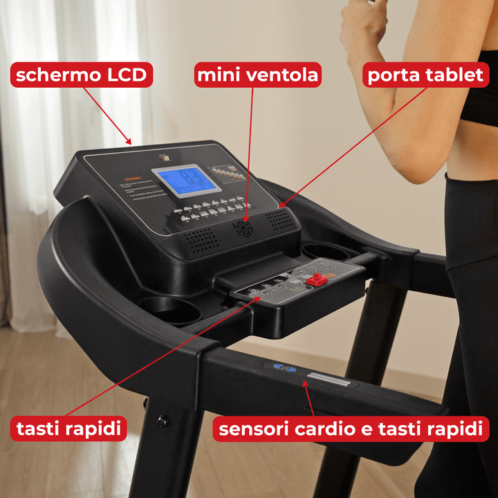 Tapis Roulant TAP 160 Inclinazione regolabile 16 km/h | Con schermo LCD, mini ventola, porta tablet, tasti rapidi e sensori cardio