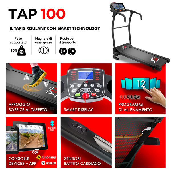 Tapis Roulant TAP 100 ST Pieghevole 10 km/h APP Bluetooth 12 Programmi
