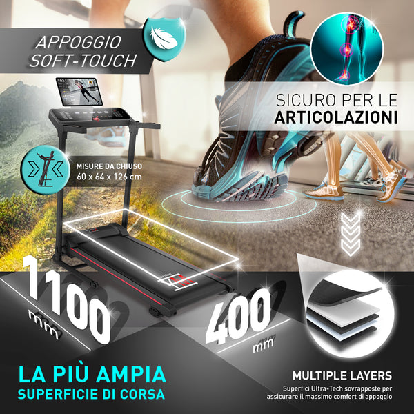 Tapis Roulant TAP 120 Wide Touchscreen 12 km/h Inclinazione APP Bluetooth
