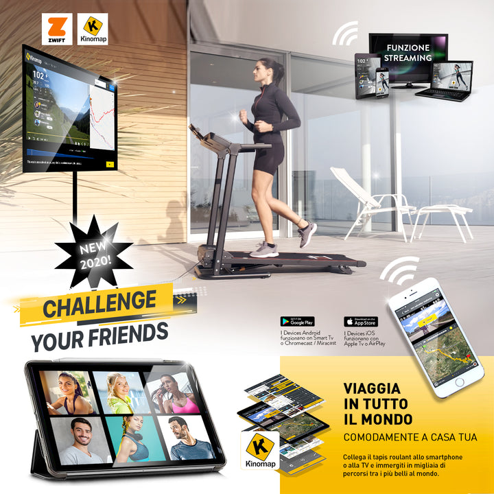 Tapis Roulant Elettrico TAP 160 - 16 Km/h, Inclinazione Automatica 15%, App Kinomap/Zwift, Pieghevole - Foto 12