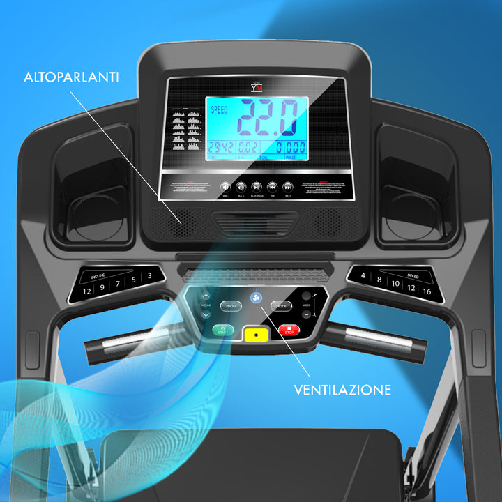 Tapis roulant elettrico Your Move YM TAP 180 con App compatibili dedicate per allenamento online, inclinazione automatica, ampia superficie di corsa e velocità fino a 22 Km/h. 