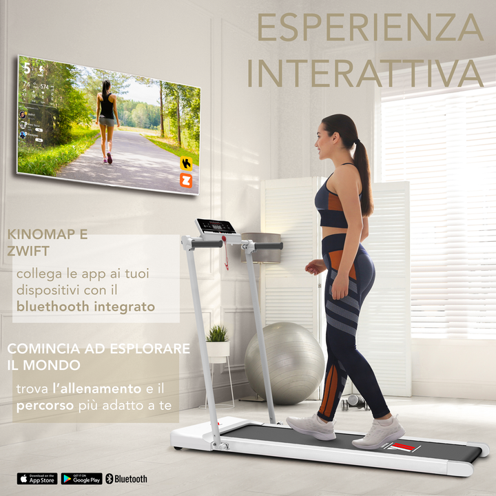 Tapis roulant elettrico Your Move YM NEXT 1000 BIANCO, Telaio Rinforzato, compatto e salvaspazio, si connette con Bluetooth alle APP compatibili dedicate per allenamento online, velocità fino a 10 Km/h. 