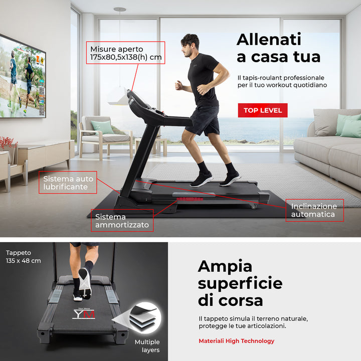 Tapis roulant elettrico Your Move YM TAP 180 con App compatibili dedicate per allenamento online, inclinazione automatica, ampia superficie di corsa e velocità fino a 22 Km/h. 