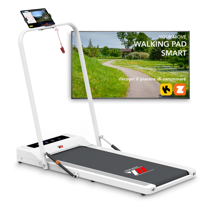 Your Move WALKING PAD SMART BIANCO, Tapis roulant elettrico 2-in-1, per camminate lente e veloci (in versione ‘slim’), oppure, per la corsa fino a 10 km/h alzando il manubrio